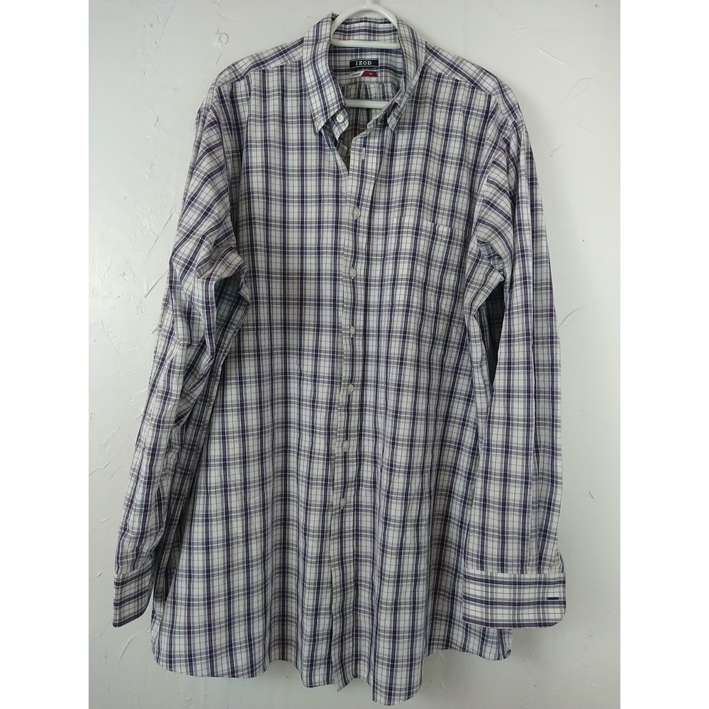 IZOD Button Down Shirt Men 18.5(37/38) Tall Blue/Red Plaid Quick Dry Long Sleeve